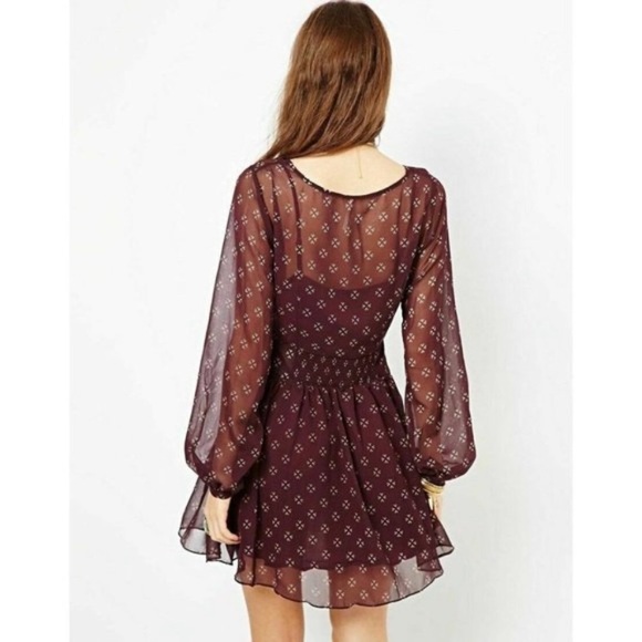 Free People Maroon Chiffon Long Sleeve Fit & Flare Dress size Medium - Picture 3 of 16
